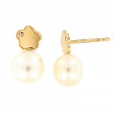 Pendientes Oro Amarillo Perla Flor y Circonita