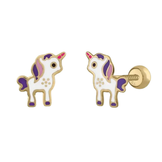 Pendientes Oro Amarillo Unicornio Blanco