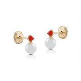 Yellow Gold Earring "You and I" Cultured Pearl and Coral