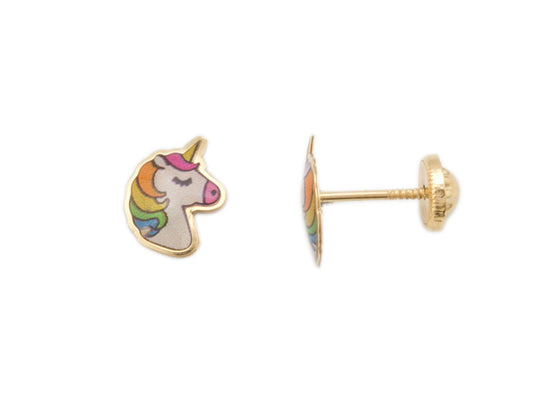 Pendientes bebé unicornio oro 18K esmaltado con cierre de rosca