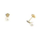 Yellow Gold Cultured Pearl Earrings with Matte Shine Flower