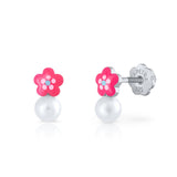 Pendientes Plata Perla Flor Rosa