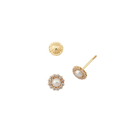 Pendiente Oro Amarillo Roseta Circonitas y Perla