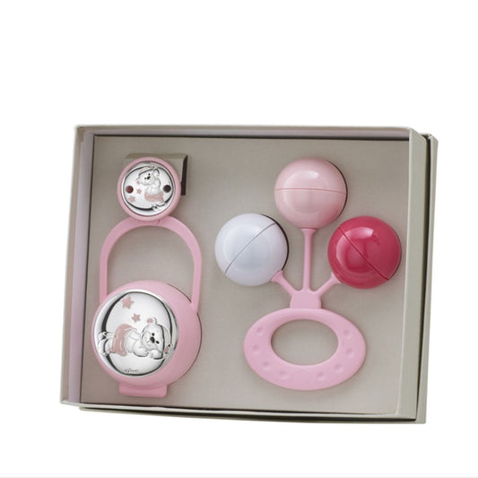 Set Sonajero Pinza y Porta Chupete niña Oso Mantita Rosa