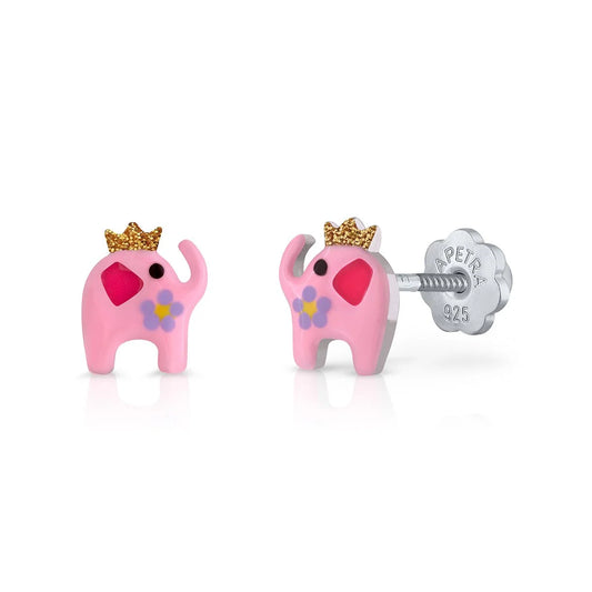 Pendientes Plata Elefante Rosa con Corona