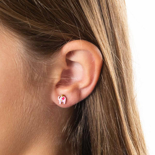 Pendientes Plata Elefante Rosa con Corona