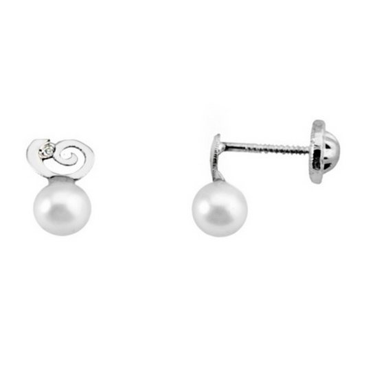 White Gold Baby Spiral Earrings with Diamond and Pearl