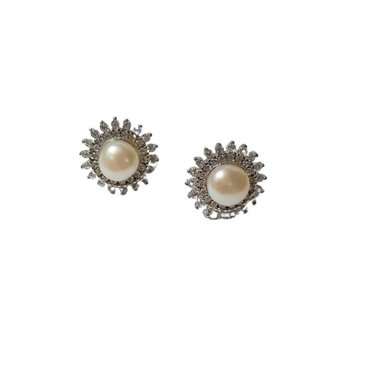 Silver Rosette Pearl Earring