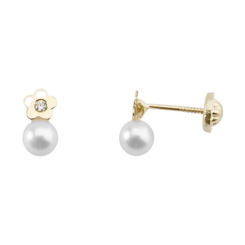 Yellow Gold Baby Earrings Openwork Flower with Pearl