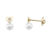 Yellow Gold Heart Earrings with 4mm Pearl