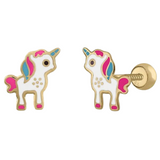 Pendientes Oro Amarillo Unicornio Rosa