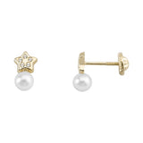 Yellow Gold Baby Star Earrings with Zirconia and Pearl