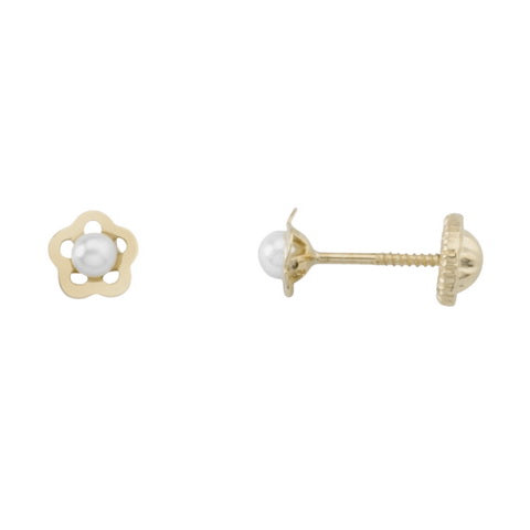 Yellow Gold Flower Earring with Pearl 5 Mini Petals