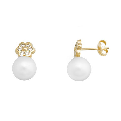 Yellow Gold Flower Earrings with 6.5mm Freshwater Pearl