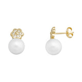 Yellow Gold Flower Earrings with 6.5mm Freshwater Pearl