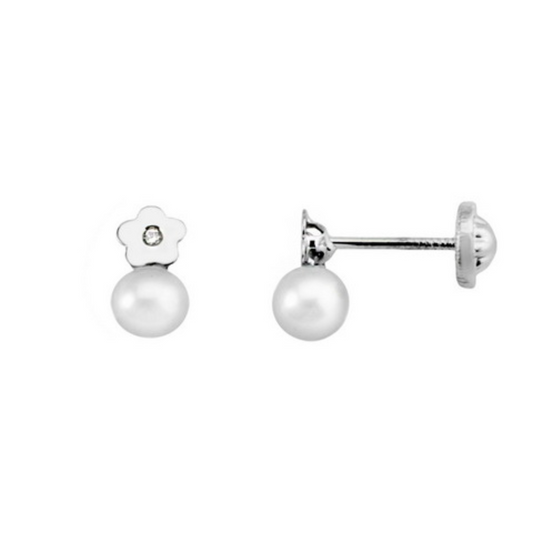 White Gold Baby Flower Earrings with Diamond and Pearl