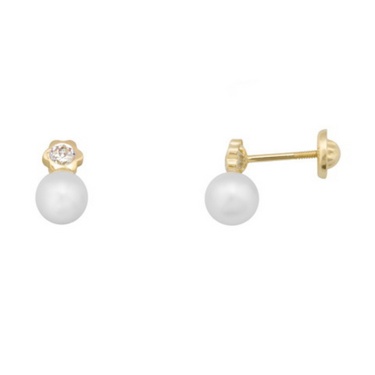 Yellow Gold Baby Daisy Earrings with Zirconia and Pearl