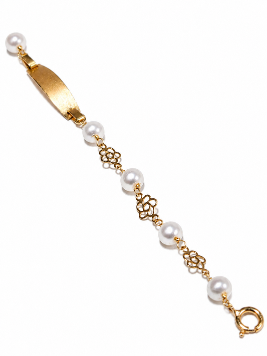 Pulsera Oro Amarillo Bebé Flor Perlas