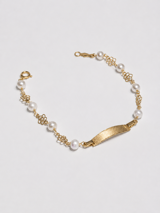 Pulsera Oro Amarillo Bebé Flor Perlas