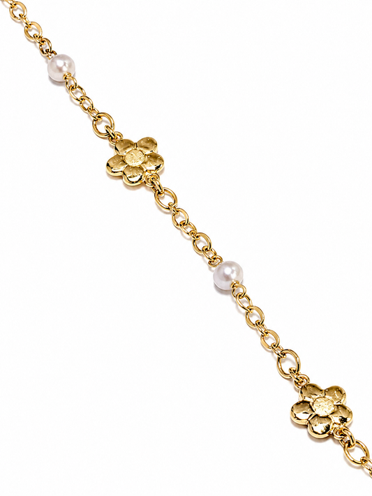 Pulsera Oro Amarillo Bebé Flor Perlas