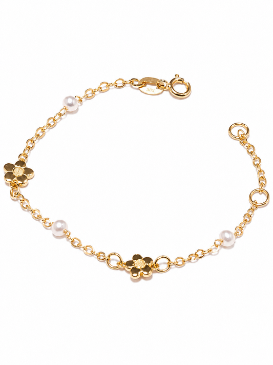 Pulsera Oro Amarillo Bebé Flor Perlas