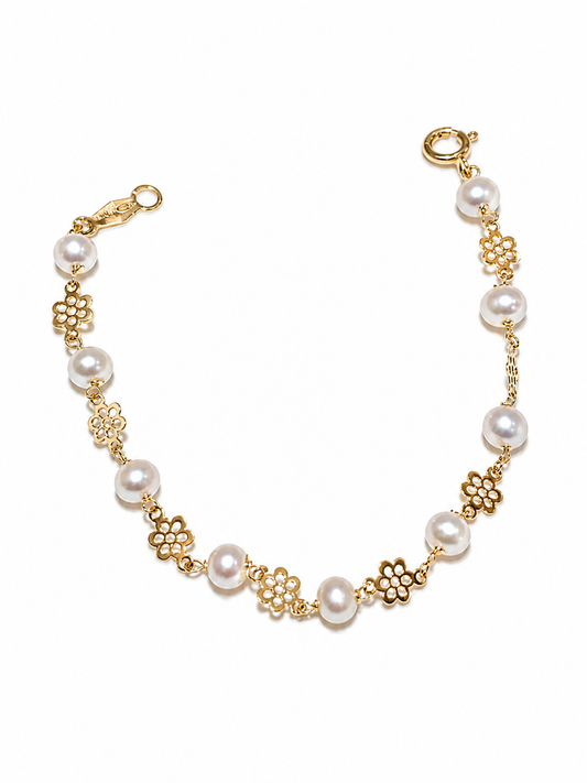 Pulsera Oro Amarillo Bebé Flor Perlas
