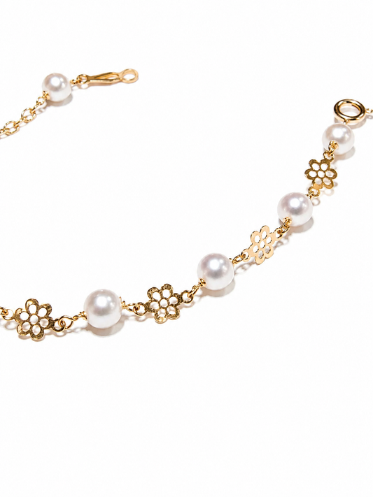 Pulsera Oro Amarillo Bebé Flor Perlas
