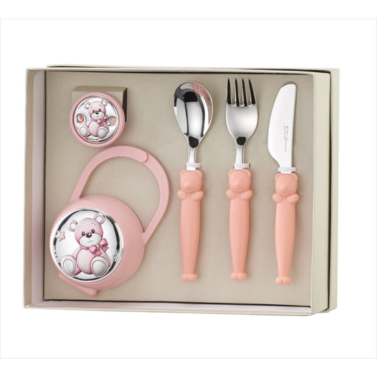 Set Cubiertos Pinza y Porta Chupete Oso Rosa Lazo