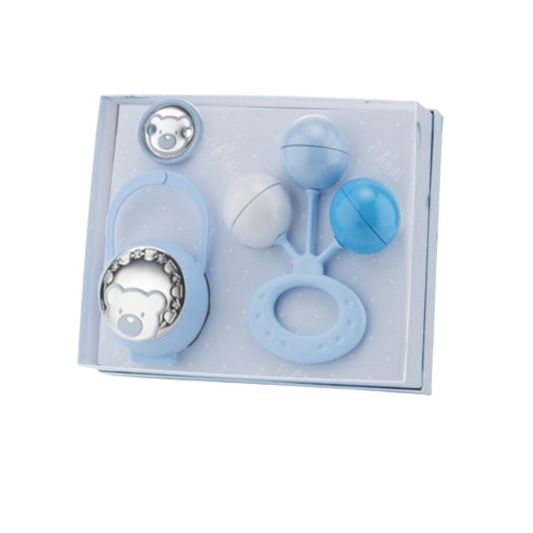 Set Sonajero Pinza y Porta Chupete niño Carita Oso Azul