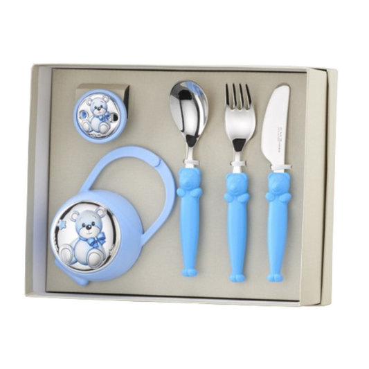 Set Cubiertos Pinza y Porta Chupete Oso Azul Lazo