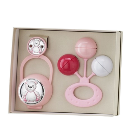 Set Sonajero Pinza y Porta Chupete niña Oso Rosa